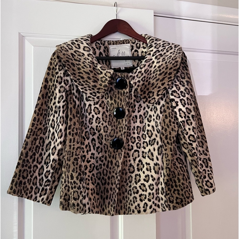 Milly Leopard Print Faux Fur Cropped Pea Coat Jacket Size 6